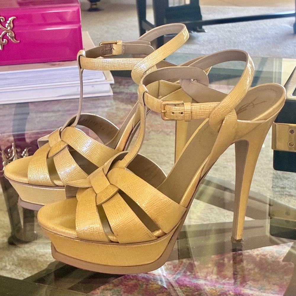 Yves Saint Laurent Pale Yellow Leather Platform T-Strap Heels